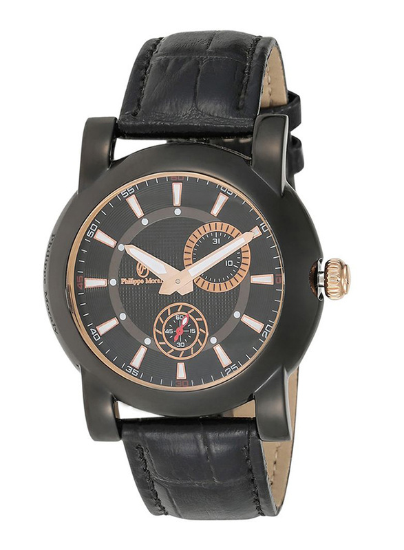 Philippe Moraly of Switzerland Analog Watch for Men with Leather Band. Water Resistant. L1423BRBB. Black- Rose Gold