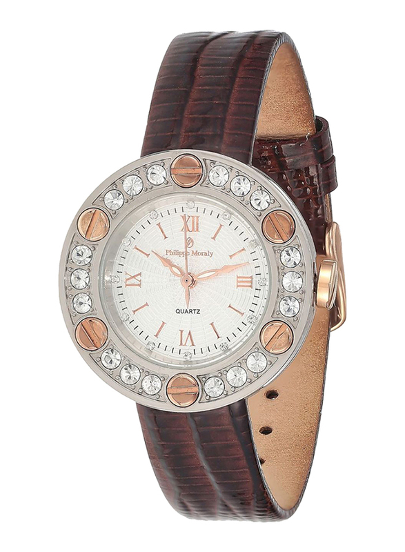 Philippe Moraly of Switzerland Analog Watch for Women with Leather Band. Water Resistant. LS1156CRWO. Brown-White