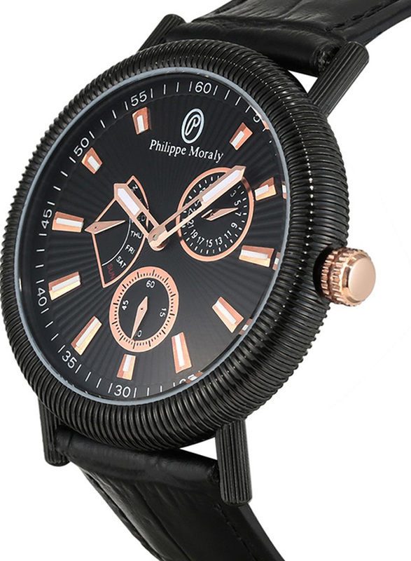 Philippe Moraly of Switzerland Analog Watch for Men with Leather Band. Water Resistant. L1471BRBB. Black-Rose Gold