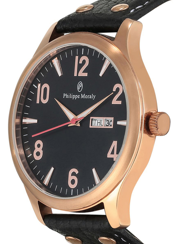 Philippe Moraly of Switzerland Analog Watch for Men with Leather Band. Water Resistant and Day Date Display. L1113RBB. Black