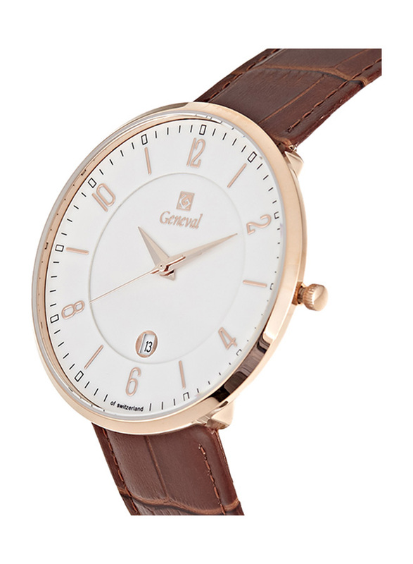 Geneval of Switzerland Analog Watch for Men with Leather Band. Water Resistant. GL1713RWO. Brown-Rose Gold/White