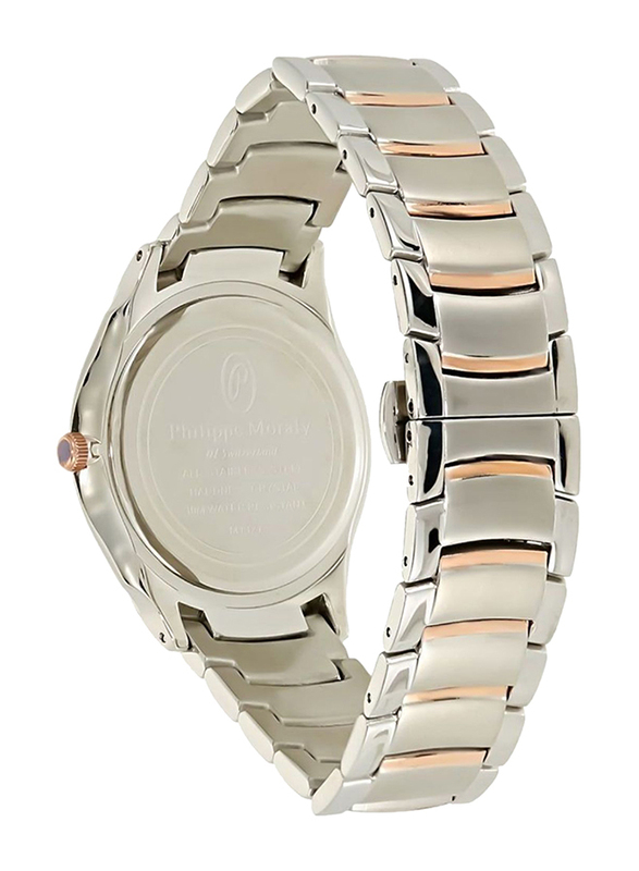 Philippe Moraly of Switzerland Analog Watch for Men with Stainless Steel Band. Water Resistant. M1321CRW. Silver/Rose Gold-White