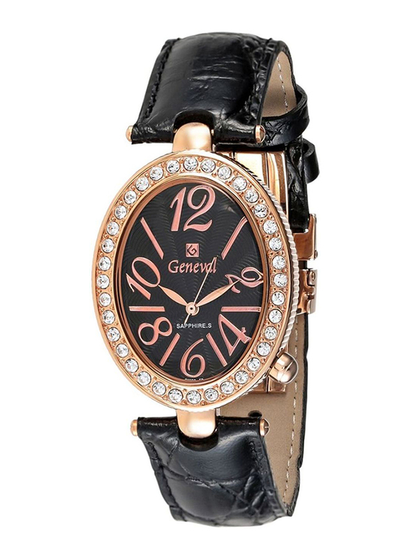 Geneval of Switzerland Analog Watch for Women with Leather Band. Water Resistant. GLS148RBB. Black