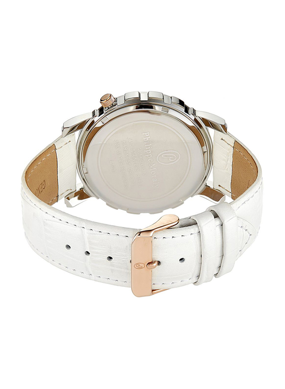 Philippe Moraly of Switzerland Analog Watch for Men with Leather Band. Water Resistant and Date Display. L1017CRWW. White