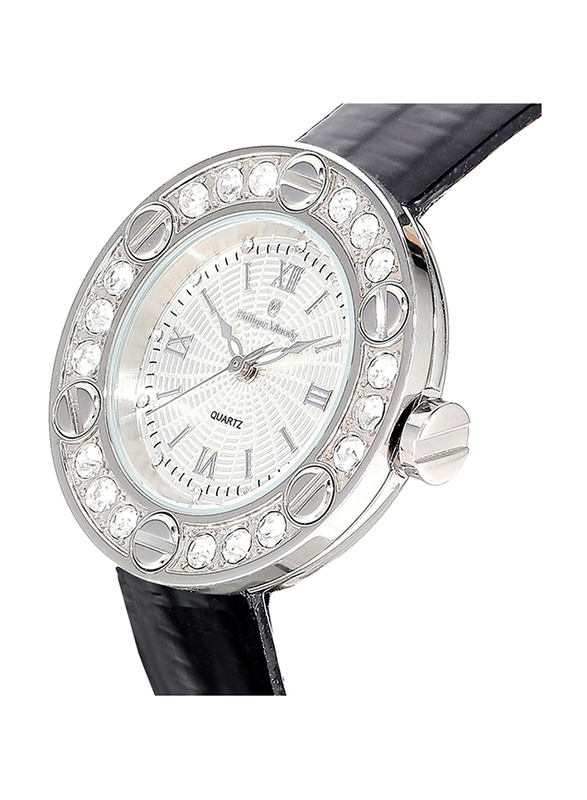 Philippe Moraly of Switzerland Analog Watch for Women with Leather Band. Water Resistant. LS1156WWB. Black-White