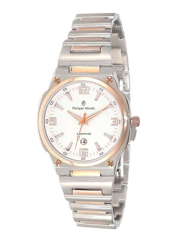 Philippe Moraly of Switzerland Analog Watch for Women with Stainless Steel Band. Water Resistant and Date Display. M1326CRW. Silver/Rose Gold-White