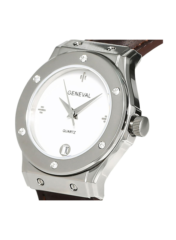 Geneval of Switzerland Analog Watch for Women with Leather Band. Water Resistant. GLS1612WWO. Brown-White