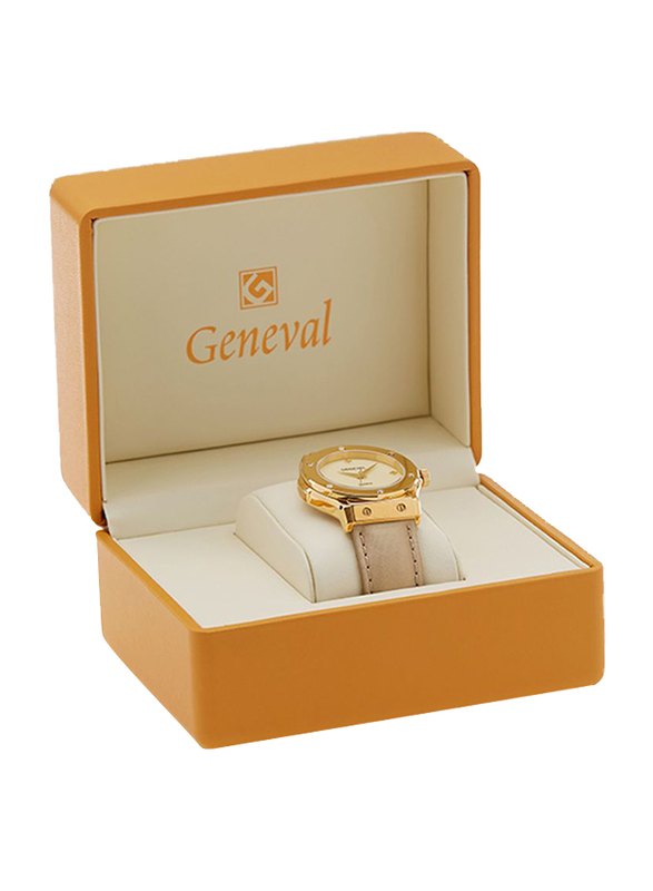 Geneval of Switzerland Analog Watch for Women with Leather Band. Water Resistant. GLS1612GII. Beige