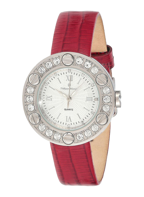 Philippe Moraly of Switzerland Analog Watch for Women with Leather Band. Water Resistant. LS1156WWR. Red-White