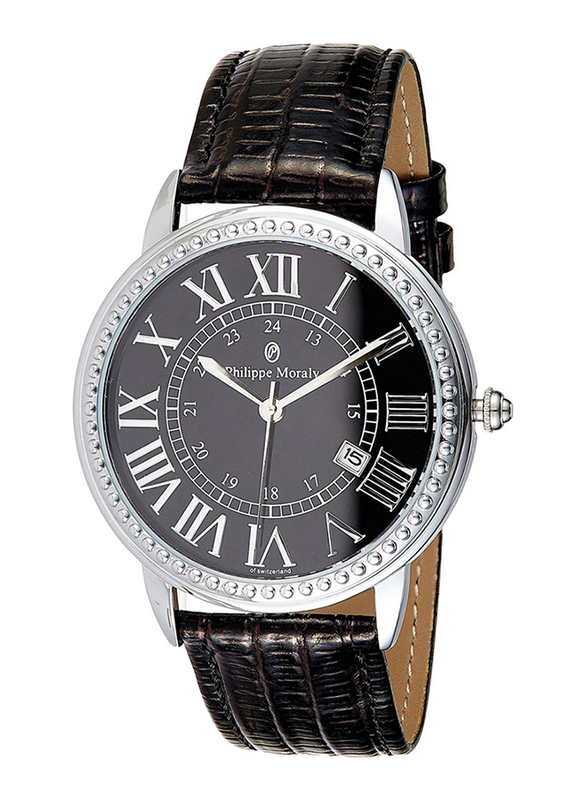 Philippe Moraly of Switzerland Analog Watch for Men with Leather Band. Water Resistant. L1711. Black-Black/Silver