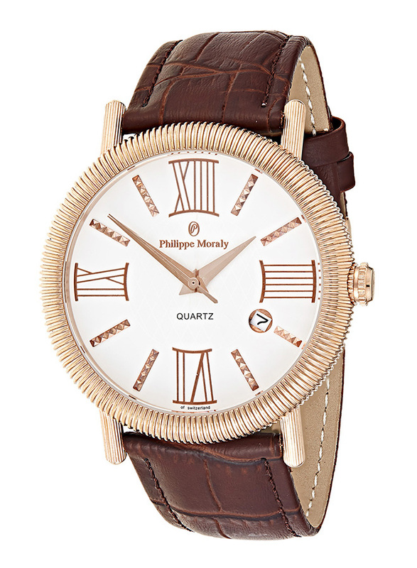 Philippe Moraly of Switzerland Analog Watch for Men with Leather Band. Water Resistant. L1371RWO. Brown-White