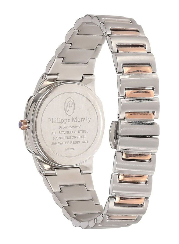 Philippe Moraly of Switzerland Analog Watch for Women with Stainless Steel Band. Water Resistant and Date Display. M1326CRB. Rose Gold/Silver-Black