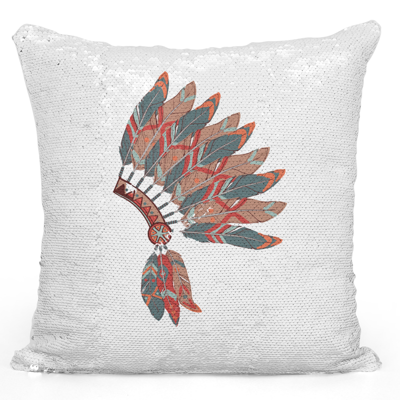 

Loud Universe Sequin Pillow Magic Mermaid Throw Pillow Native Tribal Hat Headdress Fether Print - Pure Printed 16 x 16 inch Square Home Decor Couch Pi