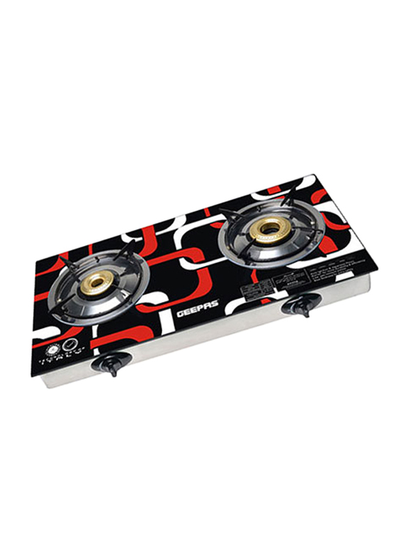 Geepas Stainless Steel Frame Special Indian Double Burner, with Tempered Glass Tray, GK6758, Red/Black/White