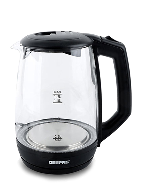 Geepas 1.7L Electric Transparent Water Level Glass Kettle, 2200W, GK9901, Black/Clear