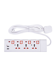 Geepas GES4094 3 Way Extension Socket, 2 USB Port, 3 Meter Cable, White