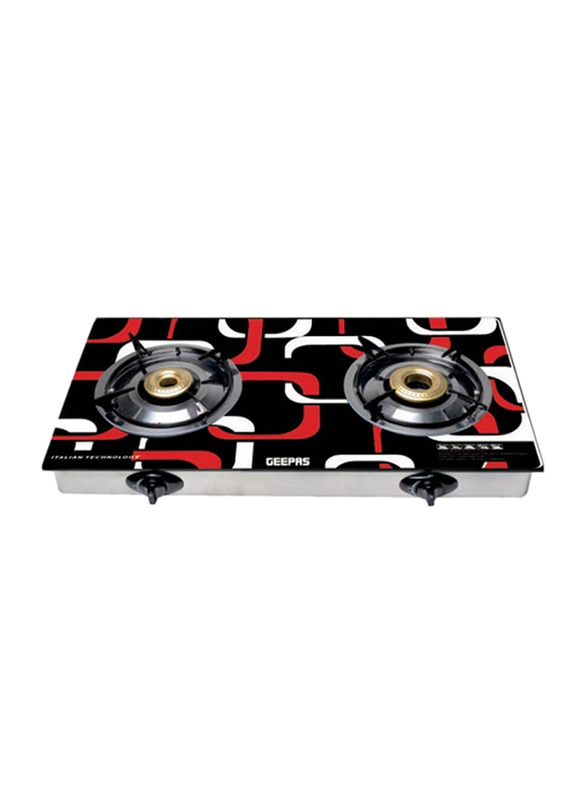 Geepas Stainless Steel Frame Special Indian Double Burner, with Tempered Glass Tray, GK6758, Red/Black/White