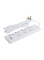 Geepas GES4094 3 Way Extension Socket, 2 USB Port, 3 Meter Cable, White