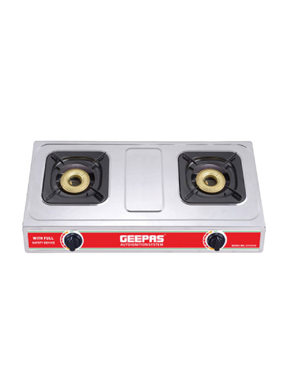 Geepas Double Burner Stainless Steel Gas Stove, with Indian Burner, Flame Failure Safety Device, GK6898, Silver/Red