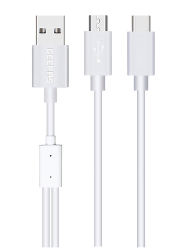 Geepas 2-in-1 Multiple Types Sync & Charge Cable, USB A Male to USB Type-C/Micro USB for Smartphones/Tablets, GCC58028, White