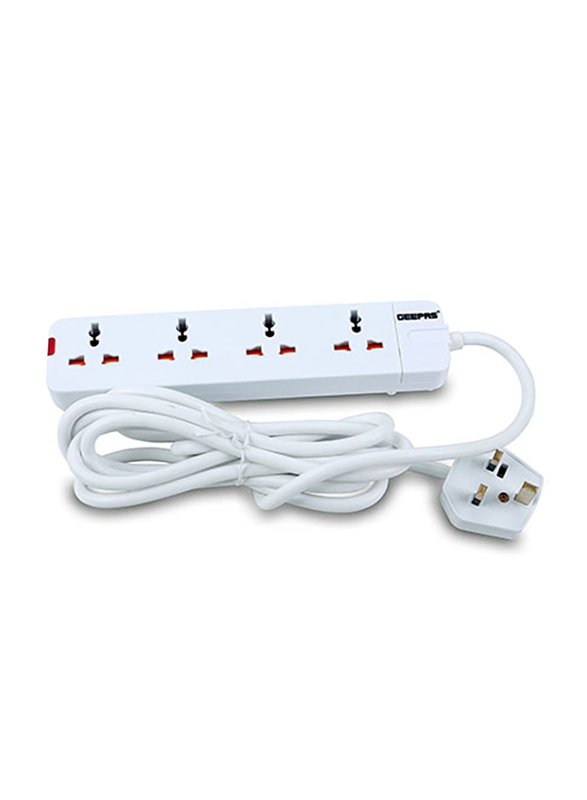 Geepas 13A 4 Way Extension Socket, 3 Meter Cable, GES58012, White
