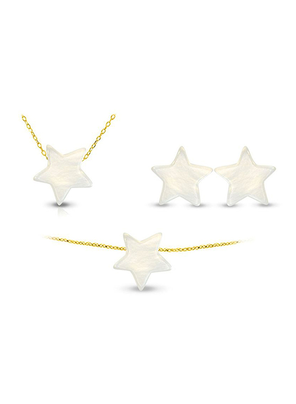 Vera Perla 3-Pieces 10K Gold Jewellery Set for Women, with Necklace, Earrings and Bracelet, with Star Shape Mother of Pearl Stone, White/Gold