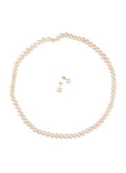 Vera Perla 2-Pieces 18K Gold Classic Strung Necklace and Earrings Set for Women Mother of Pearls Stone, Light Pink