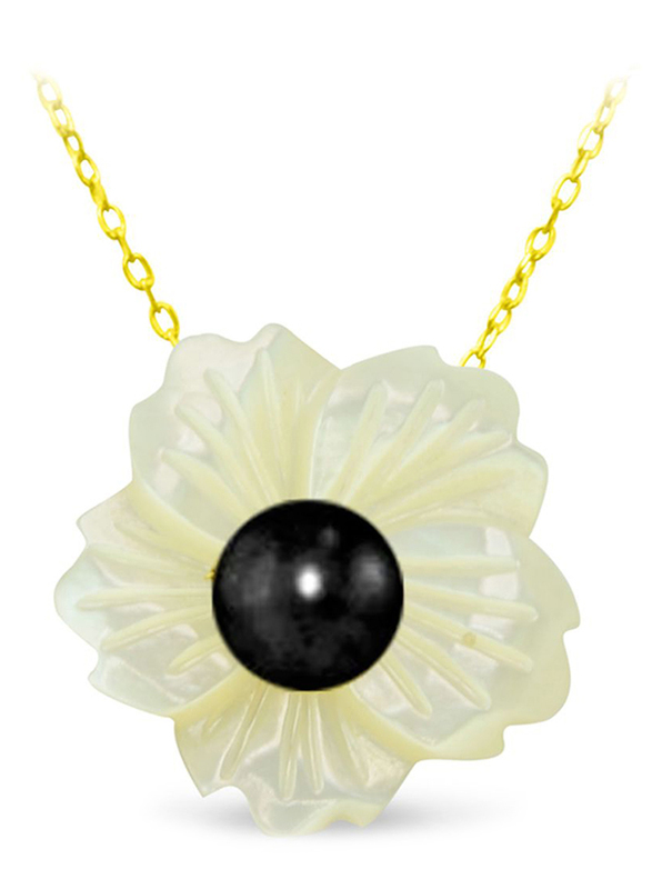 Vera Perla 18K Solid Yellow Gold Pendant Necklace for Women, with 19mm Flower Shape Mother of Pearl and 6-7mm Pearl Stone, White/Gold/Black