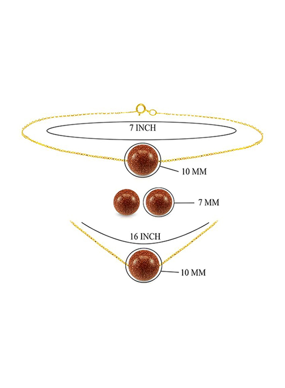 Vera Perla 3-Pieces 10K Gold Jewellery Set for Women, with Necklace, Bracelet & Earring, with Sunstone, Brown/Gold