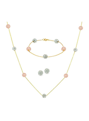 Vera Perla 3-Pieces 18K Solid Gold Jewellery Set for Women, with Necklace, Bracelet and Earrings, with Built-in Gradual Crystal Ball and Pearls Stone, Pink/Clear