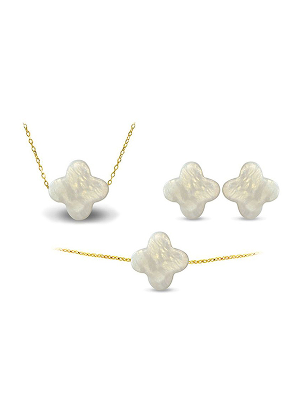 Vera Perla 3-Pieces 10K Gold Jewellery Set for Women, with Necklace, Earrings and Bracelet, with Plum Flower Shape Mother of Pearl Stone, White/Gold