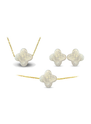 Vera Perla 3-Pieces 10K Gold Jewellery Set for Women, with Necklace, Earrings and Bracelet, with Plum Flower Shape Mother of Pearl Stone, White/Gold