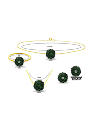 Vera Perla 4-Pieces 10K Solid Gold Earring, Bracelet, Ring and Necklace Set for Women, with 10 mm Crystal Ball, Dark Green/Gold