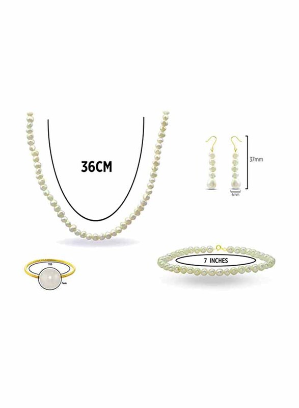 Vera Perla 4-Pieces 10K Gold Jewellery Set for Women, with 36cm Necklace, Bracelet, Ring and Earrings, with Pearl Stones, Off White