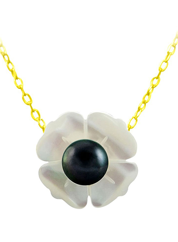 Vera Perla 18K Solid Yellow Gold Pendant Necklace for Women, with 13mm Mother of Pearl Flower Shape, with 4 mm Pearl Stones, Gold/Jade/Black
