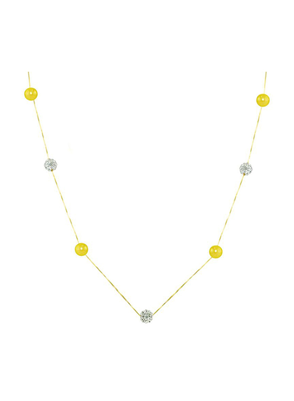 Vera Perla 18K Solid Yellow Gold Simple Chain Necklace for Women, with 5-6mm Pearls and Crystal Balls, Gold/Yellow/Clear
