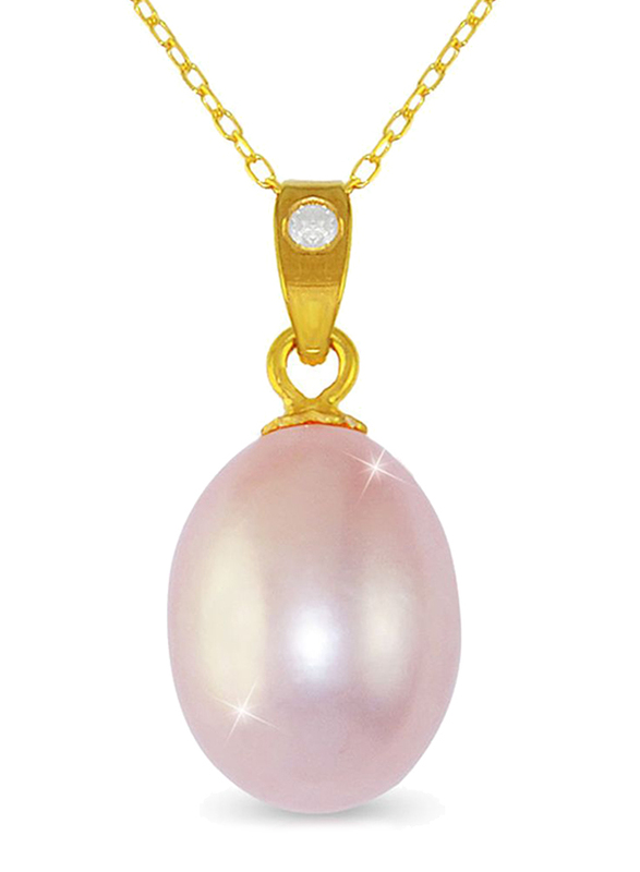 Vera Perla 18K Gold Necklace for Women, with 0.02ct Diamond and Pearl Stone Pendant, Gold/Purple