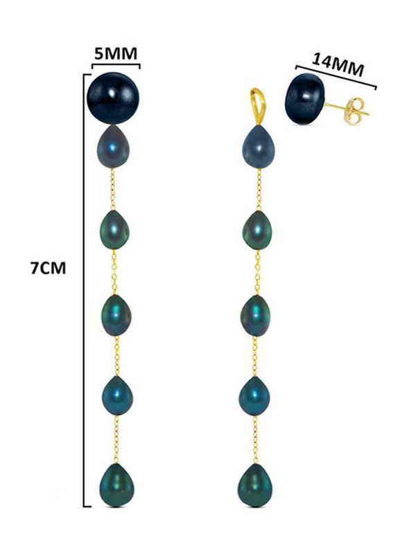 Vera Perla 18K Solid Yellow Gold Simple Dangle Earrings for Women, with Detachable 7mm Pearls Stone, Blue/Gold