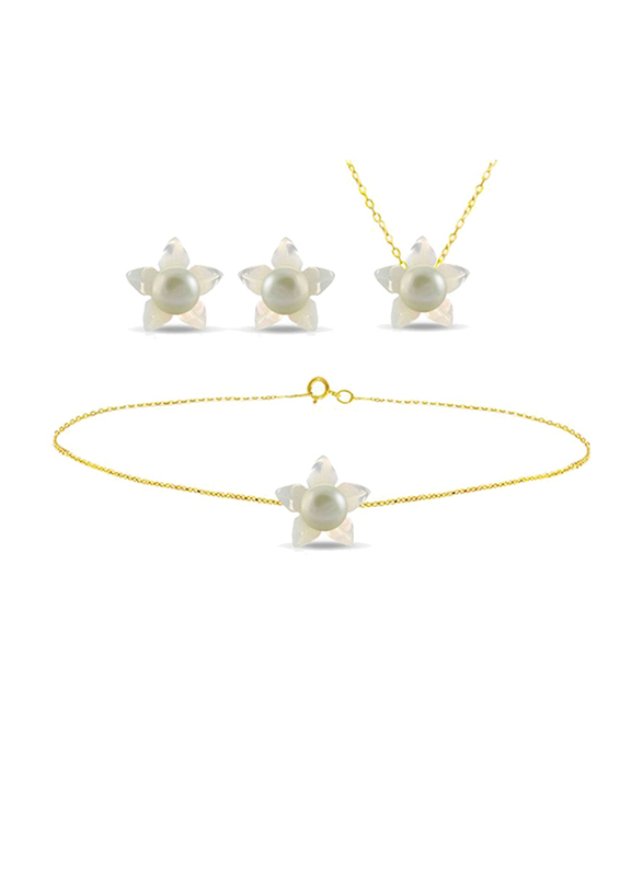 Vera Perla 4-Pieces 18k Solid Yellow Gold Jewellery Set for Women, with 13mm Mother of Pearl Flower Shape and 7mm Pearl, White