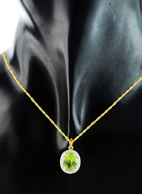 Vera Perla 18K Gold Necklace for Women, with 0.12ct Diamonds and Oval Cut Peridot Stone Pendant, Gold/Green