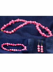 Vera Perla 3-Pieces 18K Gold Jewellery Set for Women, with Necklace, Bracelet and Earrings, with Genuine Pearl Stones, Pink