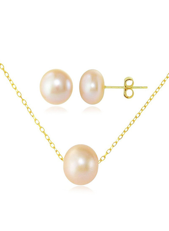 Vera Perla 2-Pieces 18K Yellow Gold Pendant Necklace and Earrings Set for Women, with Pearls Stone, Gold/Peach