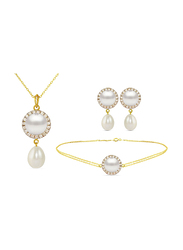 Vera Perla 3-Pieces 18K Gold Jewellery Set for Women, with Necklace, Bracelet and Earrings, with 0.40 ct Genuine Diamonds and Pearl, White
