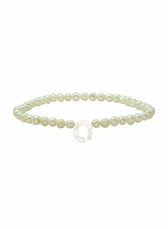 Vera Perla Elastic Stretch Bracelet for Women, with Letter O Mother of Pearl and Pearl Stone, White