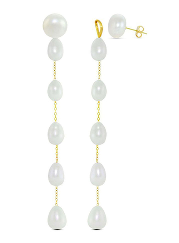 Vera Perla 18K Solid Yellow Gold Simple Dangle Earrings for Women, with Detachable 7mm Pearls Stone, White/Gold