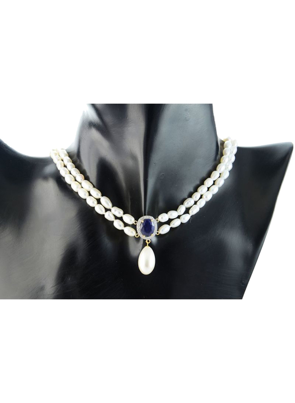 Vera Perla 18K Gold Necklace for Women, with 0.12ct Diamonds, Pearl and Oval Cut Sapphire Pendant, Gold/White/Blue