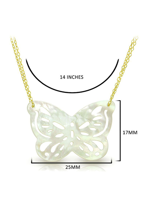 Vera Perla 18K Gold Pendant Necklace for Women with Double Link Butterfly Shape Mother of Pearl Pendant, White/Gold