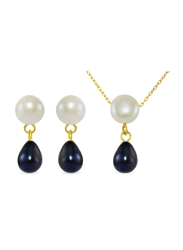 

Vera Perla 3-Pieces 18k Yellow Gold Jewellery Set for Women, with Necklace, Bracelet and Earrings, with Button Pearl Drop, Black/White