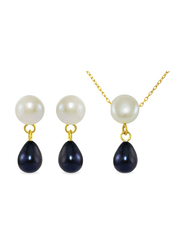 Vera Perla 3-Pieces 18k Yellow Gold Jewellery Set for Women, with Necklace, Bracelet and Earrings, with Button Pearl Drop, Black/White