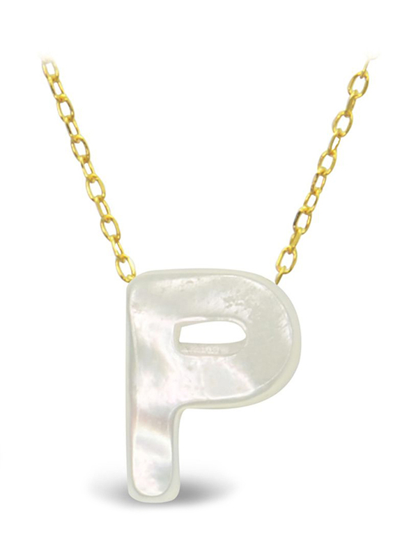 Vera Perla 18K Gold Pendant Necklace for Women with P Letter Shape Mother of Pearl Pendant, White/Gold